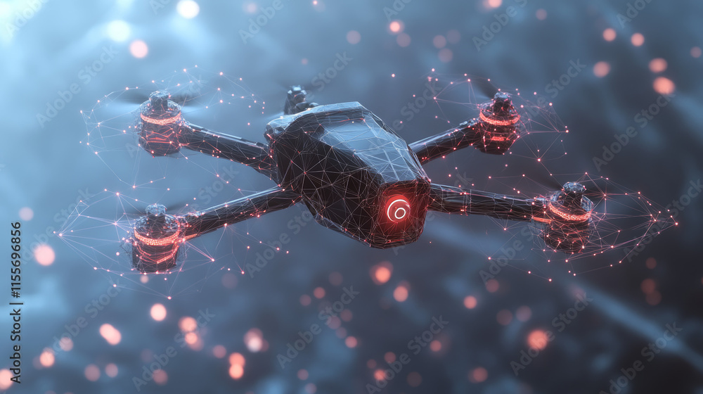 Poster hologram drone. a drone of polygons, triangles of points and lines. shipping by air if the structure