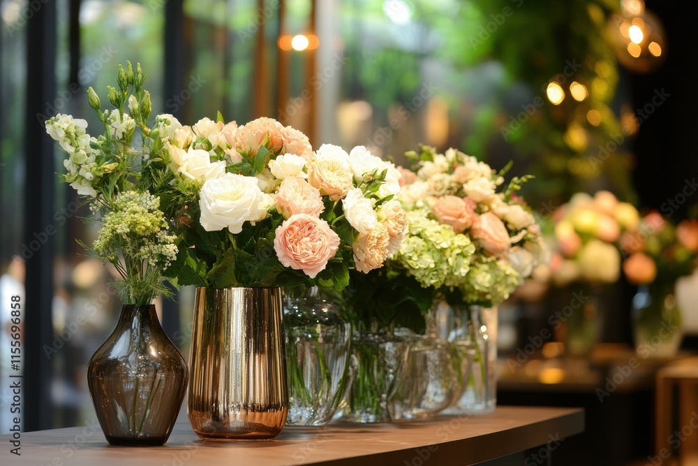 Poster stylish storefront display showcasing elegant flower arrangements in glass vases during daytime. gen