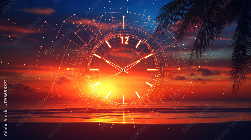 Poster a digital clock face in a holographic style, constructed with polygons, triangles, and a network of 