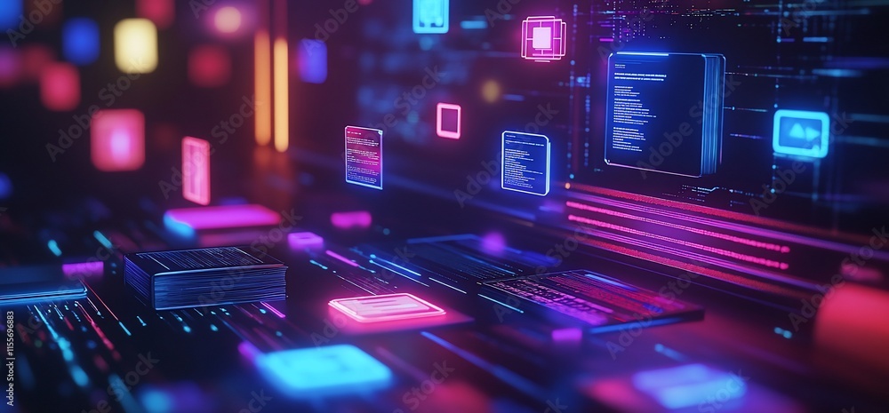 Poster a vibrant digital landscape showcasing floating data elements and technology.