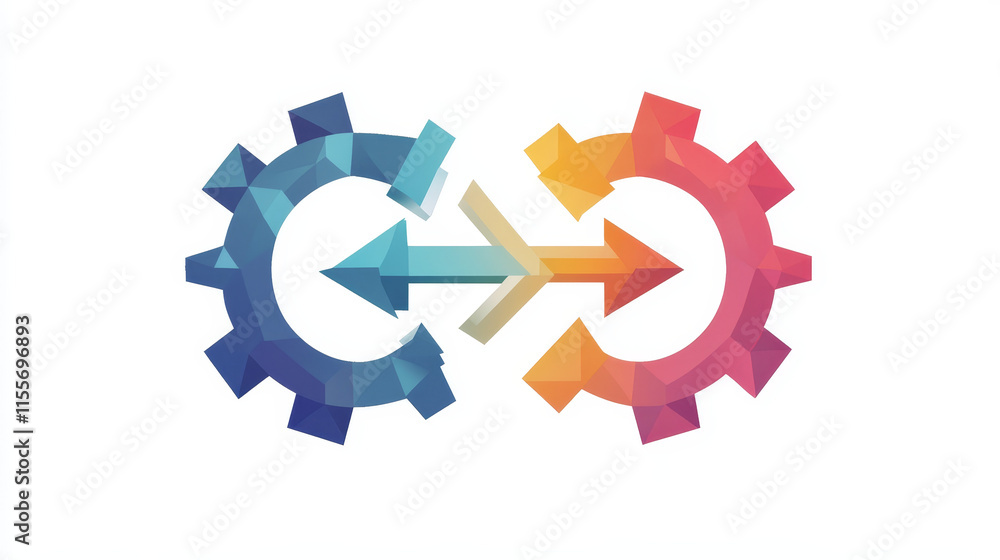 Poster hologram gear with arrows. a gear made of polygons, triangles of points and lines. gear with arrows 