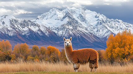 majestic alpaca standing in front of picturesque mountains and autumn trees, showcasing nature beauty