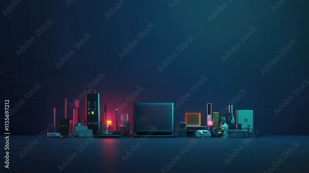 Poster bold cyberpunk inspired router glowing in deep neon colors, surrounded by various tech devices and s