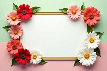 Obraz premium Elegant Floral Frame with Daisies and Cosmos on Soft Pastel Background for Seasonal Designs
