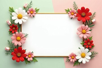 Elegant Floral Frame with Daisies and Cosmos on Soft Pastel Background for Seasonal Designs