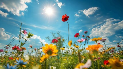 A vibrant field of wildflowers under a bright blue sky.