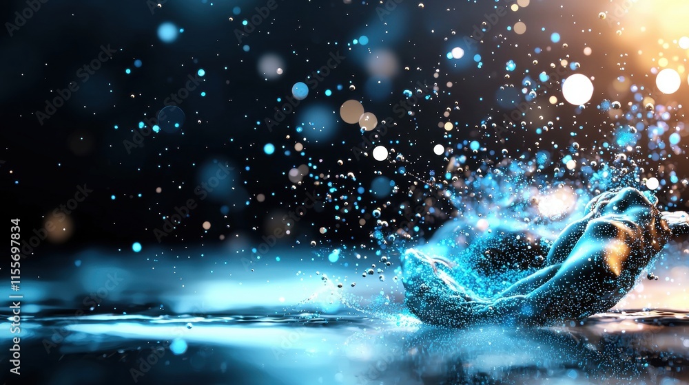 Poster a vibrant splash of water with glimmering droplets against a dark background, capturing motion and l