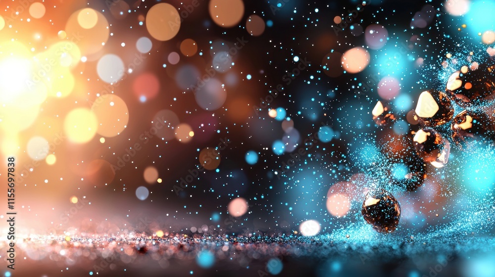Poster a vibrant, abstract composition featuring colorful bokeh lights and sparkling particles against a da