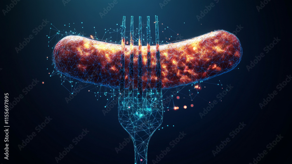 Poster a hologram of a sausage. sausage on a fork made of polygons, triangles of dots and lines. sausage ic