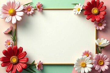 Elegant Floral Frame with Daisies and Cosmos on Soft Pastel Background for Seasonal Designs