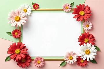 Obraz premium Elegant Floral Frame with Daisies and Cosmos on Soft Pastel Background for Seasonal Designs