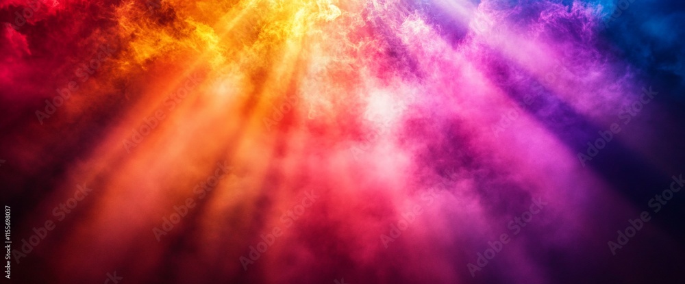 Poster a vibrant display of colorful light rays piercing through a misty atmosphere.