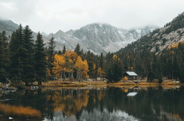 Fototapeta premium Tranquil Autumn Landscape with Reflected Mountains and Vibrant Trees Near a Serene Lake in a Wilderness Setting