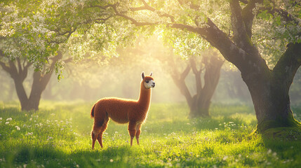 serene alpaca standing in lush green meadow surrounded by blooming trees, radiating tranquility and beauty