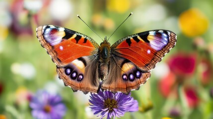A Peacock Butterfly Resting On A Purple Flower