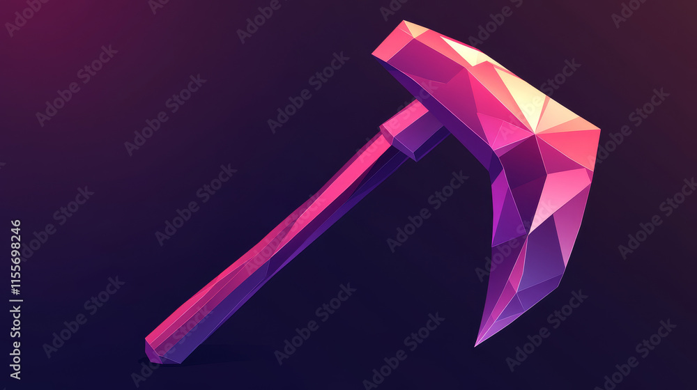 Poster hologram pickaxe. a pickaxe of polygons, triangles of points and lines. pickaxe icon is a low-poly c