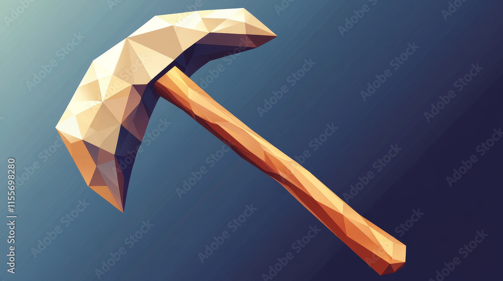 Poster hologram pickaxe. a pickaxe of polygons, triangles of points and lines. pickaxe icon is a low-poly c