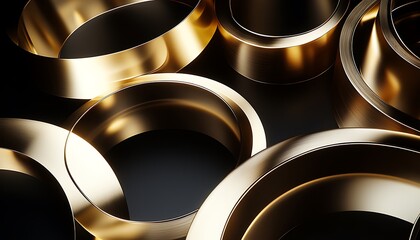 Abstract geometric shapes with polished gold surfaces on a deep black background.