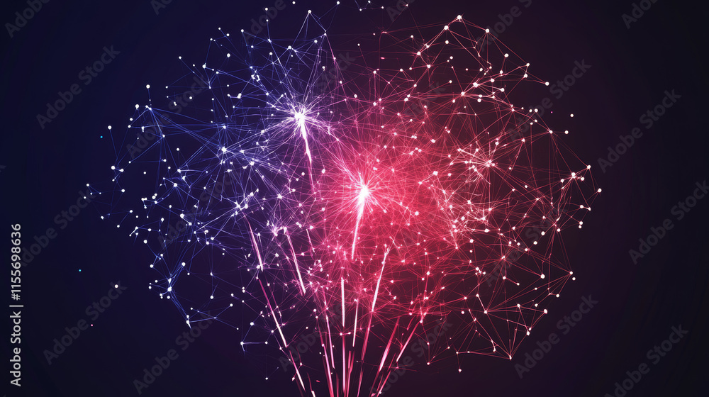 Poster a hologram of a fireworks rocket. a fireworks rocket made of polygons, triangles of dots and lines. 