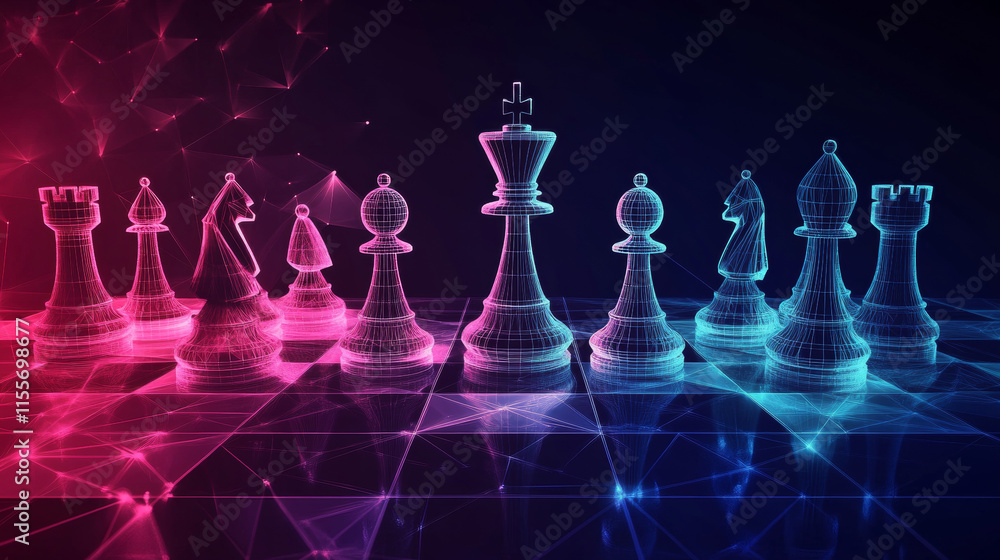 Poster hologram chess. chess made of polygons, triangles of points and lines. chess icon is a low-poly comp