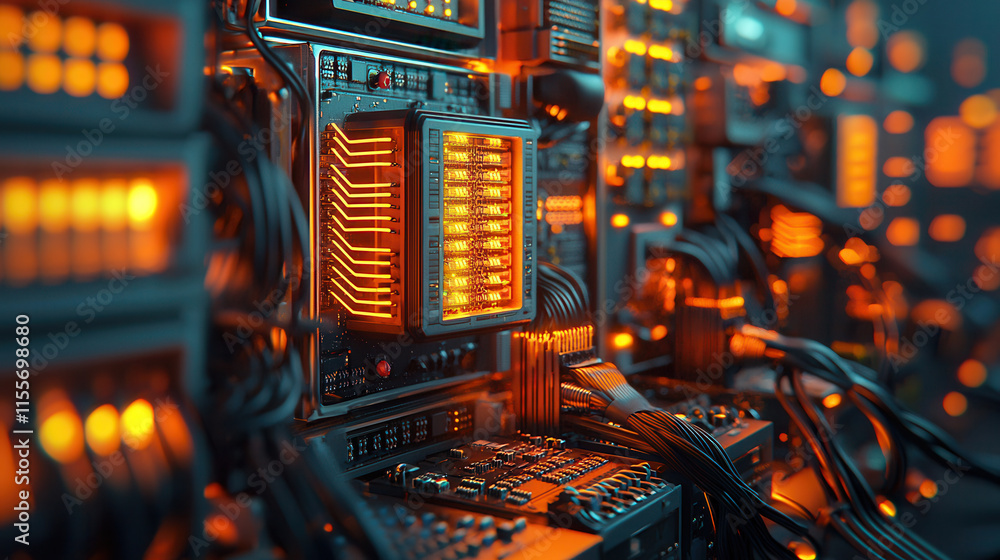 Poster cyberpunk inspired home network setup with glowing components and intricate wiring creates futuristi