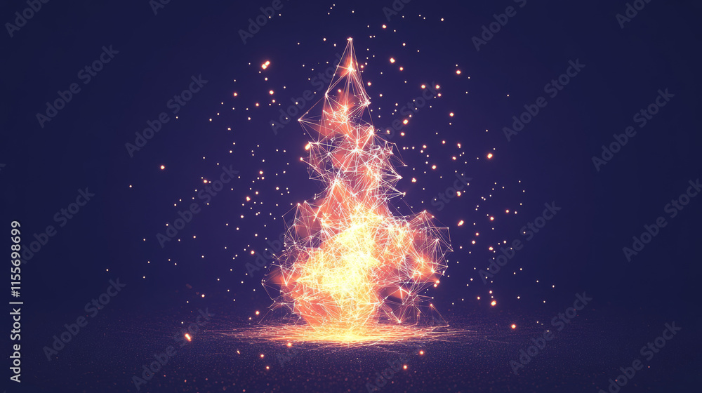 Poster a hologram of a fireworks rocket. a fireworks rocket made of polygons, triangles of dots and lines. 
