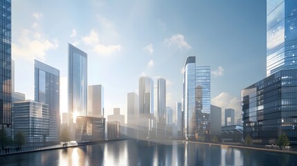 Fototapeta premium Modern Urban Landscape with Skyscrapers Reflecting in Water