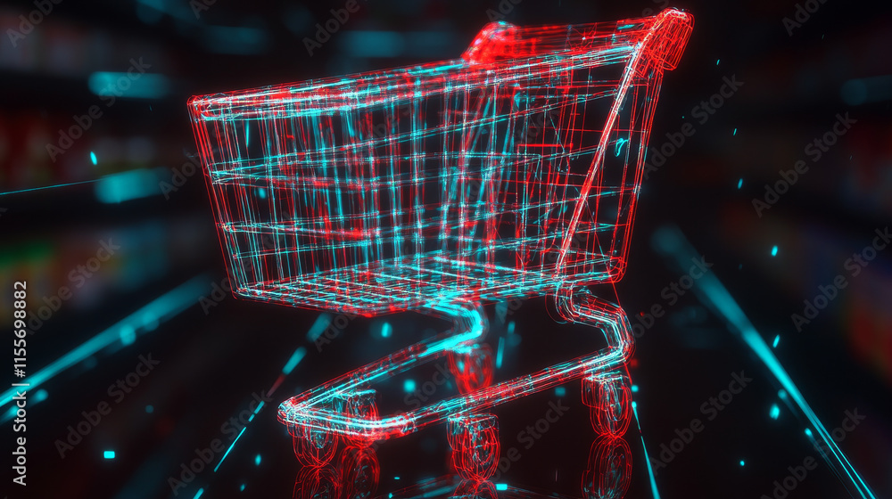 Poster a hologram of a grocery cart. a grocery cart made of polygons, triangles of points and lines. grocer