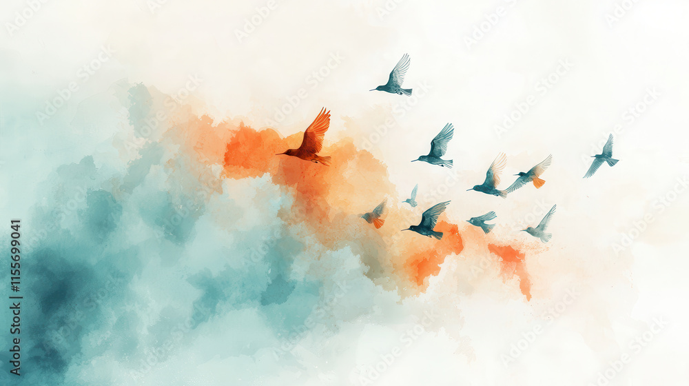 Poster flock of migratory birds flying through soft watercolor clouds, creating serene and tranquil atmosph