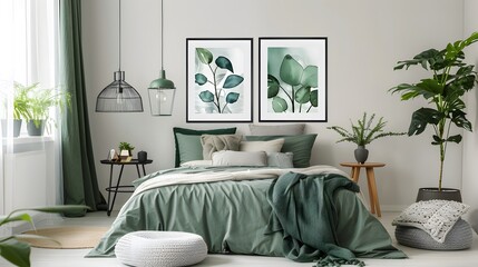 Cozy Modern Bedroom with Green Decor and Plant Artwork