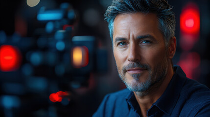 confident man with gray hair poses for close up shot, showcasing his charisma and professionalism in studio setting with cameras in background