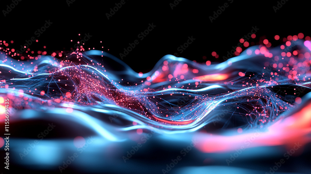 Aufkleber dynamic abstract waves with glowing particles in blue and red