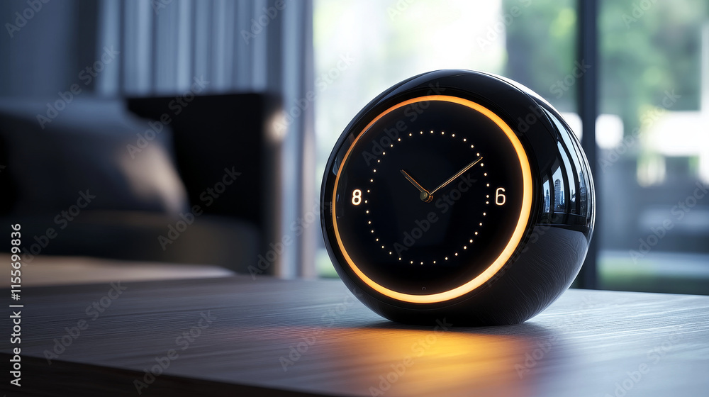 Poster polygonal alarm clock design with a low-poly pattern. features a holographic display, blending moder
