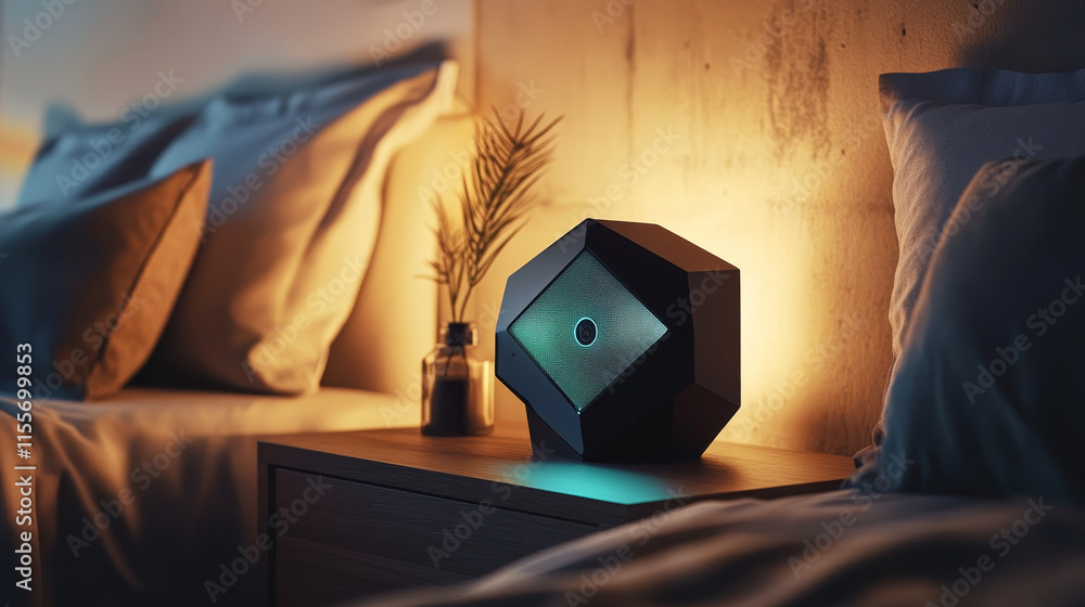 Poster polygonal alarm clock design with a low-poly pattern. features a holographic display, blending moder