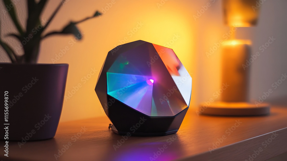 Poster polygonal alarm clock design with a low-poly pattern. features a holographic display, blending moder