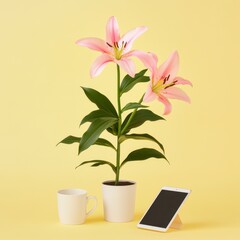 Pink lilies in pot with mug and tablet on yellow background.
