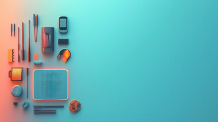 Modern workspace tools and gadgets arranged on vibrant background, showcasing creativity and innovation