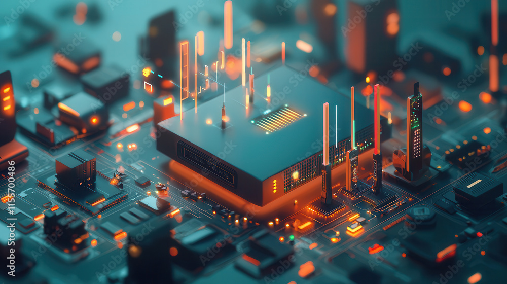 Poster futuristic router with holographic signal beams on circuit board, showcasing advanced technology and
