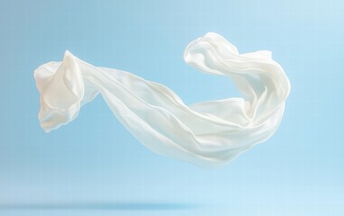 Fototapeta premium A white cotton scarf twisting gracefully in mid-air, shown on a light blue background