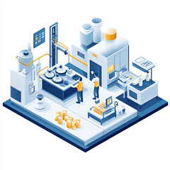 Isometric illustration of tiny factory focusing on quality control, featuring workers and machinery