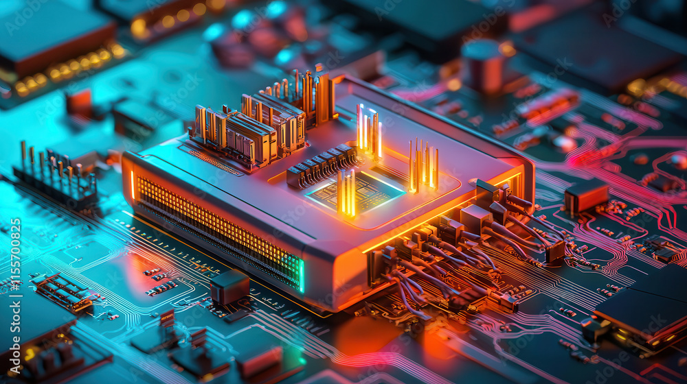 Poster futuristic circuit board with glowing processor and vibrant colors, showcasing advanced technology a