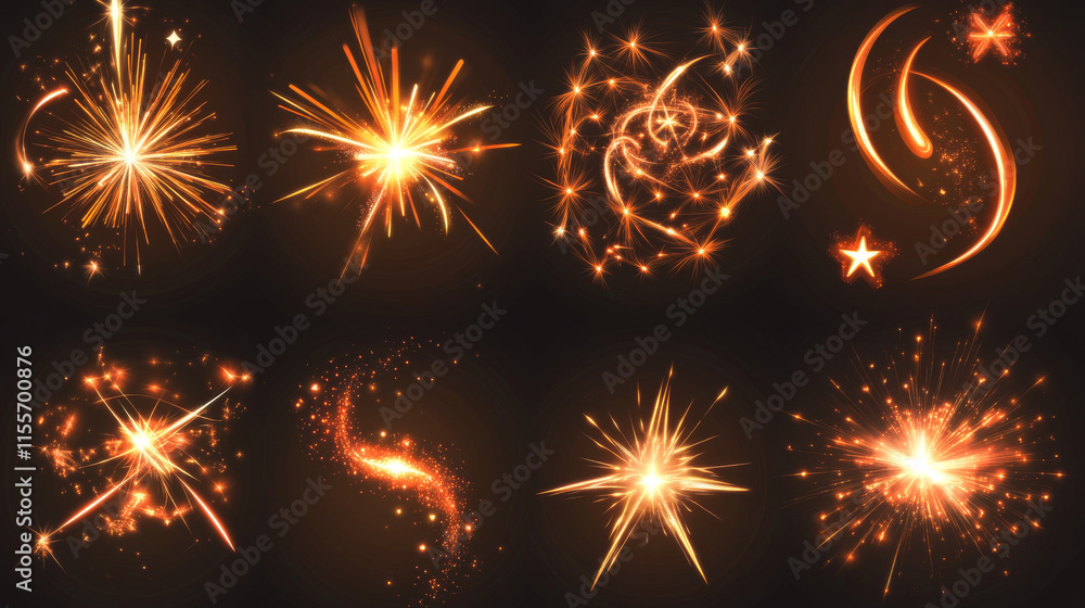 Poster a set of firework icons featuring stars and sparks, isolated on a white background. simple line desi