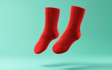 Bright red woolen socks mockup, gracefully floating mid-air, pastel mint background
