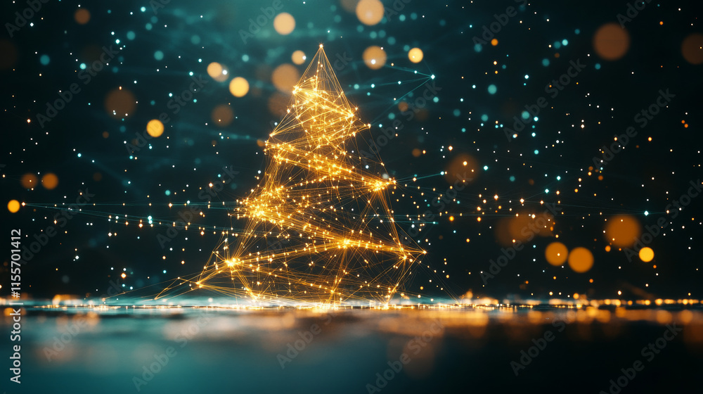 Poster hologram christmas tree. christmas tree made of polygons, triangles, dots, and lines. low-poly chris