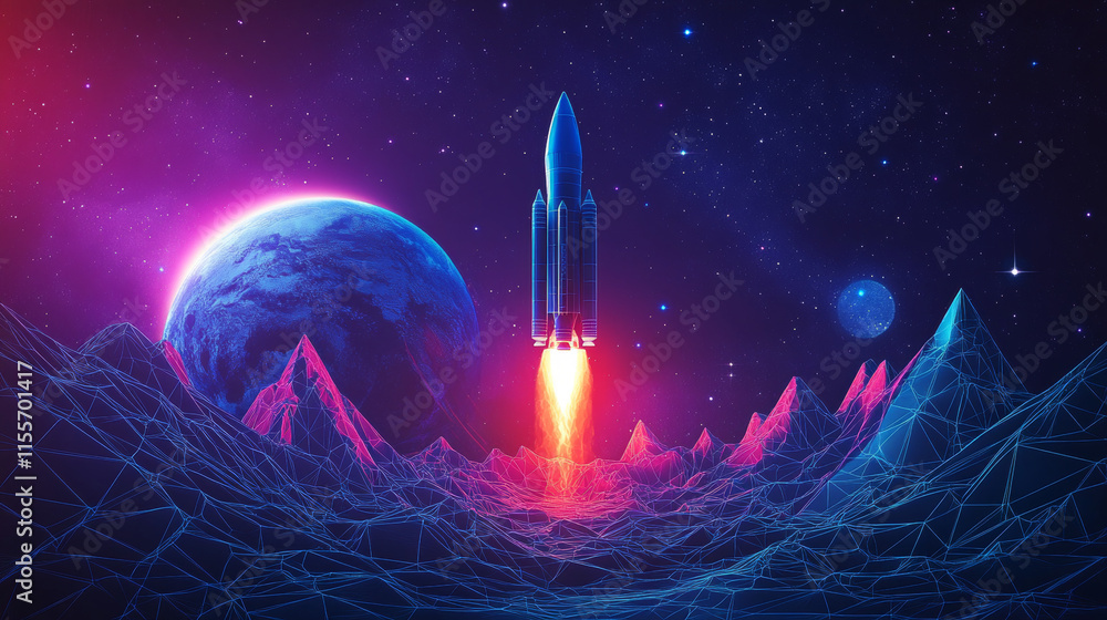 Poster the rocket over the planet is a hologram. the rocket technology consists of polygons, triangles of d