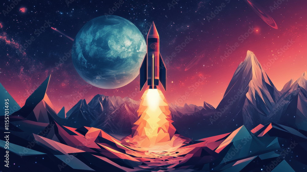 Poster the rocket over the planet is a hologram. the rocket technology consists of polygons, triangles of d