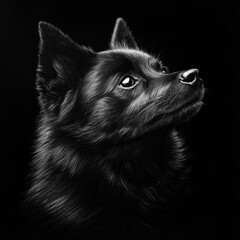 Black and white portrait of a fluffy dog with intense gaze