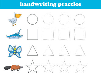 Handwriting Practice. Tracing lines of different shape for kids with animals. Vector Illustration