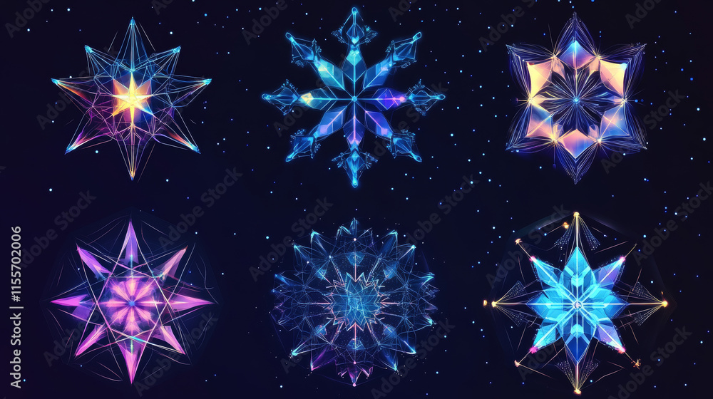 Poster hologram snowflakes. snowflakes made of polygons, triangles, dots, and lines. low-poly snowflakes st