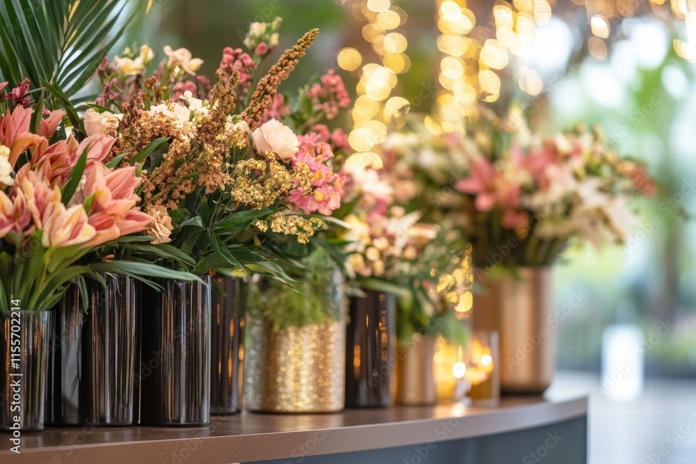 Poster stylish storefront display showcasing colorful flowers in elegant glass vases. generative ai